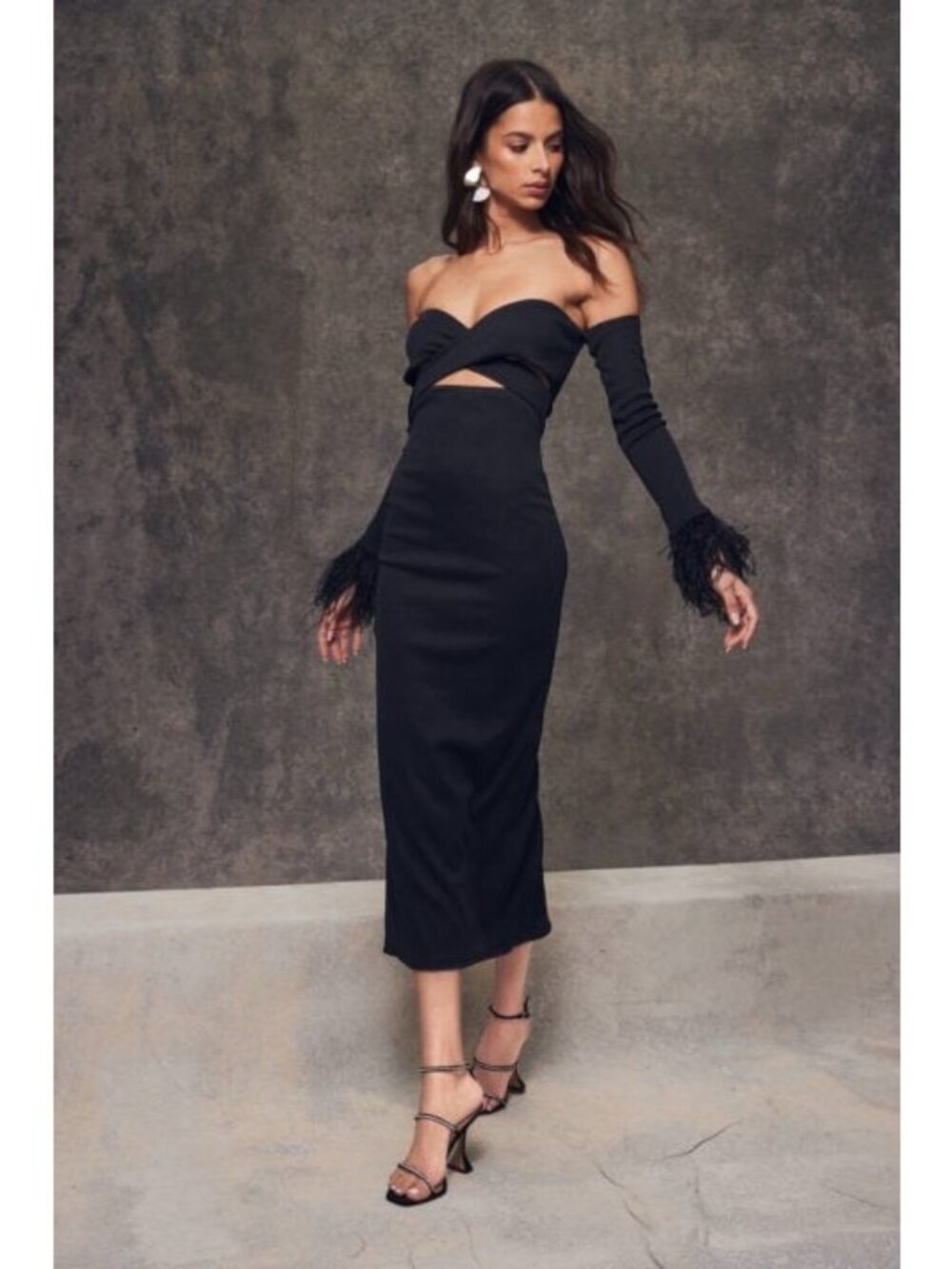 Camila Coelho Braya Midi Dress in Black feather cuffs